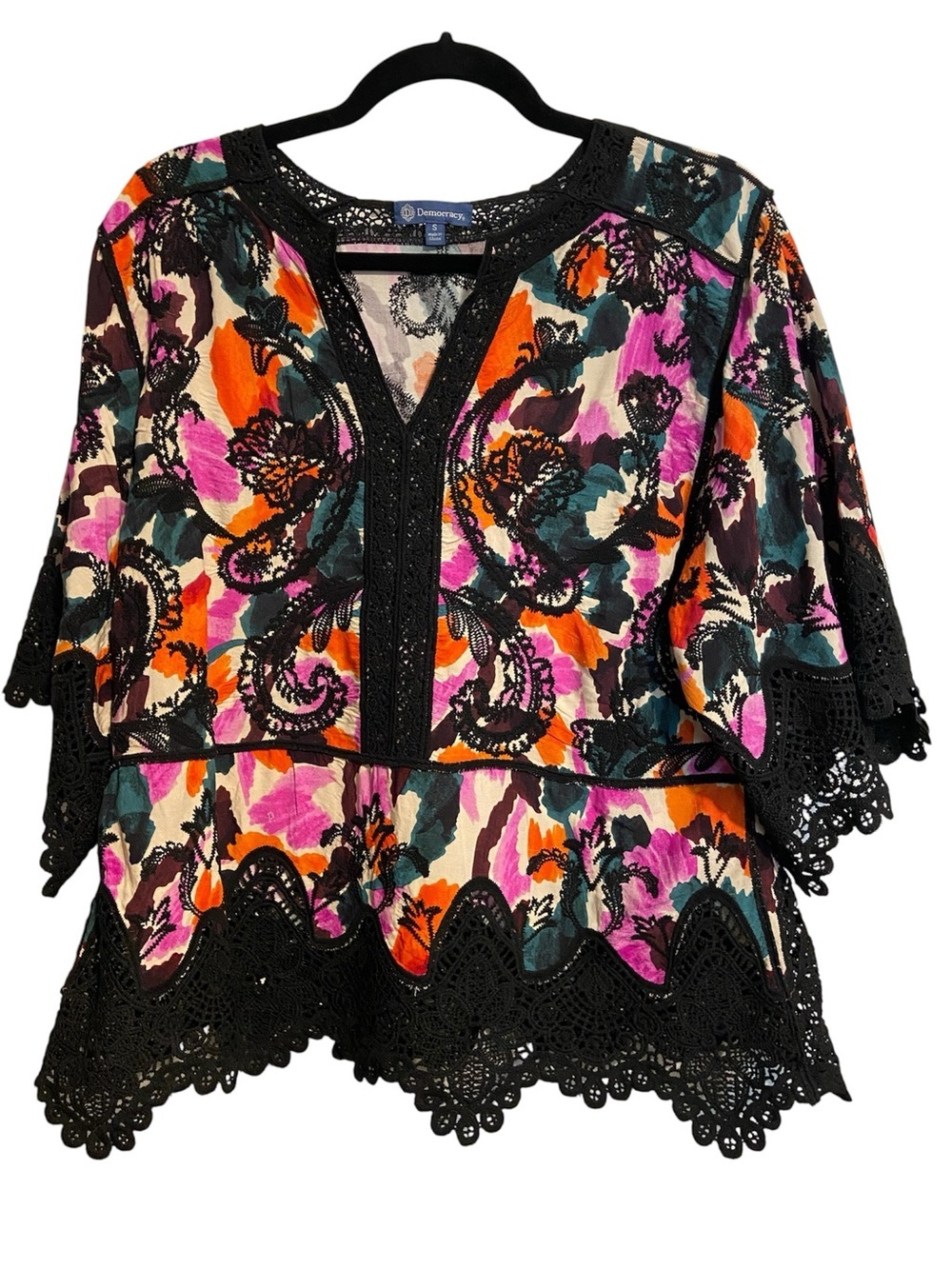Democracy Embroidered Crochet Peplum Top Black Multi Size S Boho Euro Summer
